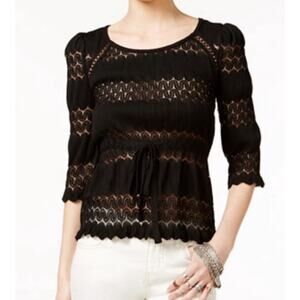 Free People Fire Island Crochet Sheer Tie Top Black Long Sleeve Womens Small